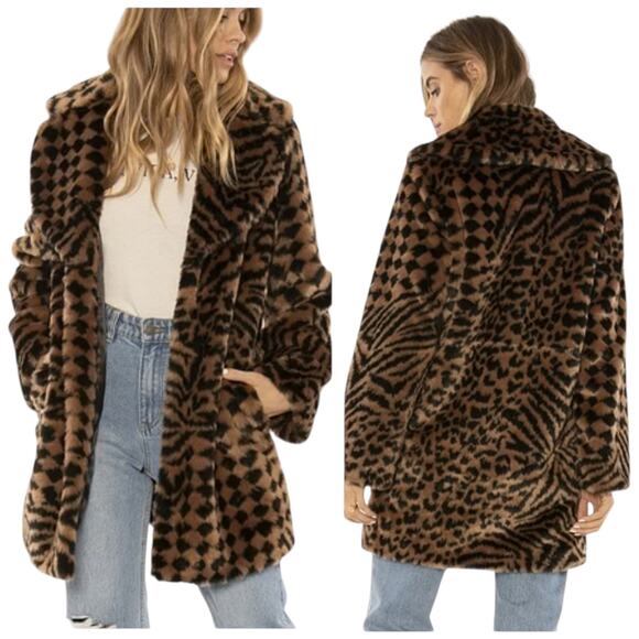 AMUSE SOCIETY Vera Faux Fur Coat in Black and Brown Size Small - Picture 1 of 9